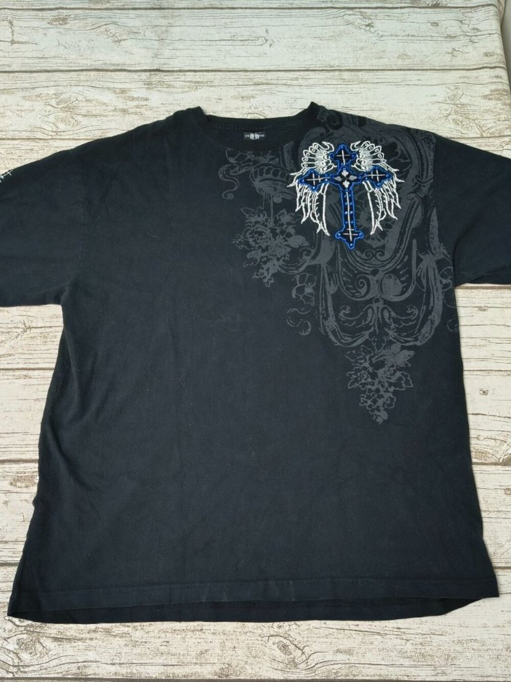 Victorious Black Cross And Wings Y2K T Shirt Men Size 2XL